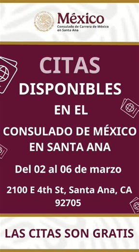 🇲🇽 ¡Atención comunidad mexicana! 👀 HAY CITAS DISPONIBLES del 2 al 6 de marzo 📢 📍 Consulado de México en Santa Ana ✅ Trámites disponibles: • Pasaporte • Matrícula consular • Credencial para votar (INE) 📲 Agenda tu cita por WhatsApp: https://wa.me/14243090009 o envía mensaje al 1 (424) 309-0009 #ConsulmexSantaAna #CitasConsulares #ServiciosConsulares 🇲🇽 | Consulado de México en Santa Ana