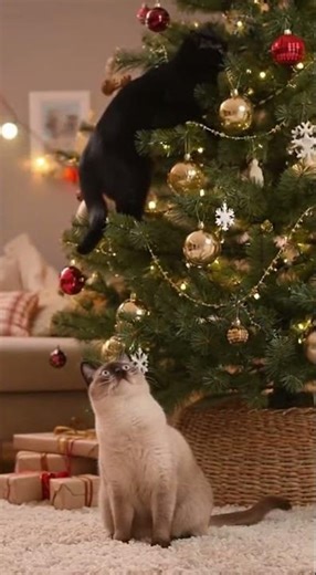 Black Cat Climbs Christmas Tree While Buddy Watches 🎄🐾