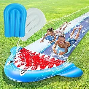 TOY Life Giant Shark Water Slides for Kids 20Ft Waterslide Backyards Lawn with 2 Bodyboards, 2 Lane Slip Splash and Slide Summer Toys with Built-in Sprinkler for Backyard Outdoor Shark Water Toys Fun