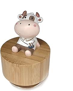 Mini Wooden Animal Rotary Music Box with Cute Cattle Ornament (Tune: It's a Small World), Beige