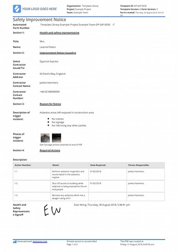 HSE Improvement Notice Example: Free to use and editable