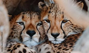 Two cheetahs snuggling together in the wild, showcasing their natural bond in Africa