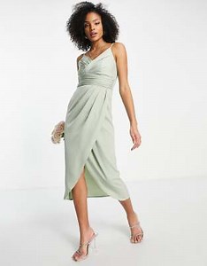 Little Mistress Bridesmaid satin wrap dress in sage green | ASOS