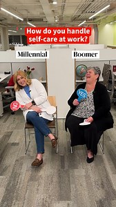 26K reactions · 221 shares | Do you respond to work emails while on vacation? Do you stop working to eat lunch? Self-care in the office can differ among generations. See how these boomer and millennial coworkers vary (and align) when it comes to self-care in the workplace. #officeculture #selfcare #mentalhealth #workbesties #intergenerational #worklife #aarp #mentalhealthawarenessmonth | AARP | Facebook