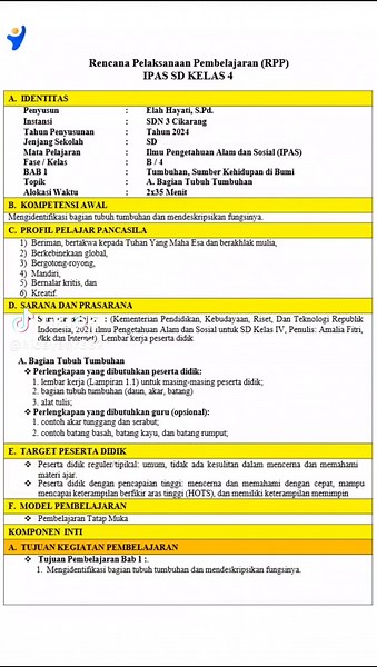 RPP dan Modul Ajar IPAS Kelas IV: Bagian Tubuh Tumbuhan