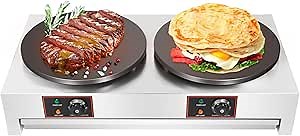16'' Electric Crepe Maker, 3400W Commercial Electric Crepe Maker Double Hotplate Pancake Machine, Non-Stick Electric Crepe Pan w/Temperature Control, for Blintzes Tortilla Pancakes Eggs Bacon NO Plug