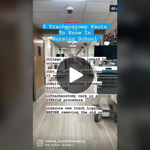 5 Tracheostomy Facts To Know In Nursing School 🫁Clean stoma from inward to outward 🫁Do not suction more than 10 seconds 🫁Wait 1-2 minutes between suctioning 🫁Tracheostomy care is a STERILE procedure 🫁Secure new trach ties BEFORE removing the old ones #nursingschool #nurseinthemaking #medsurgnurse #nursingschoolclinicals #BSN #LPN #NCLEX #studentnurse #RN #scrublife #ICU