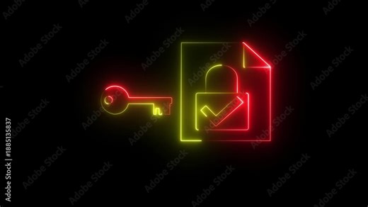 Glowing neon Data encryption algorithm. Protection of encrypted files with secure cryptographic keys. Man holding file with padlock icon.4k video Animation .