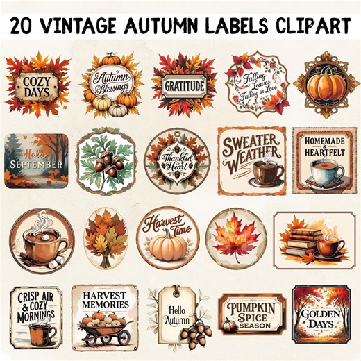 Vintage Autumn Labels Clipart PNG Bundle: Retro Pumpkin Spice Thanksgiving (digital Download) - Etsy