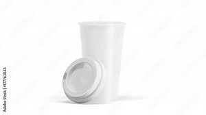 Blank white disposable paper cup with opened plastic lid mock up isolated, looped rotation, 3d rendering. Empty polystyrene coffee drinking mug mockup front view. Tea take away package turning.