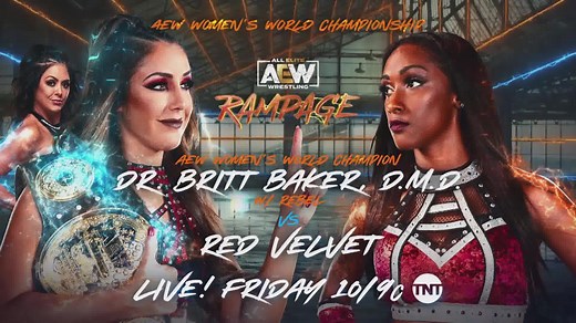The #AEW Women’s World Champion #BrittBaker defends her title on her home turf in Brittsburgh against the red hot #RedVelvet on a BIG STAGE: the WORLD PREMIERE of #AEWRampage THIS FRIDAY at 10/9c live on @tntdrama. | All Elite Wrestling