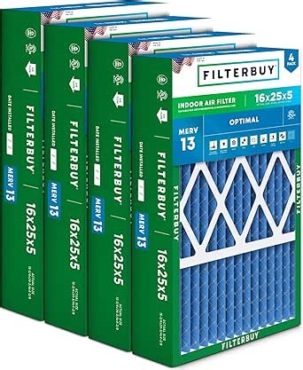 Filterbuy 16x25x5 Air Filter MERV 13 Optimal Smoke & Allergy Defense (4-Pack), Pleated HVAC AC Furnace Filters for Honeywell FC100A1029, Lennox X6670, and More (Actual Size: 15.75 x 24.75 x 4.38)