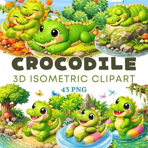 Crocodile Clipart Bundle, 3D Isometric Jungle Animals (43 PNG Files) (digital Download - Etsy