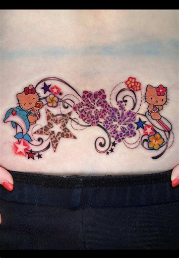 Tropical Hello Kitty tramp stamp/lower back tattoo for Tina 🌺🐬💖✨We love a tropical gyaru moment! Gal 4 Life!!! Thank you as always for your trust 🥹💝 I would love to do more Sanrio, gyaru, and or color tatts! Currently booking March, dm me here or on IG @ dollfaceddanny to ask for a quote or book 💌 #trampstamp #gyaru #hellokitty #sanrio #hellokittytattoo