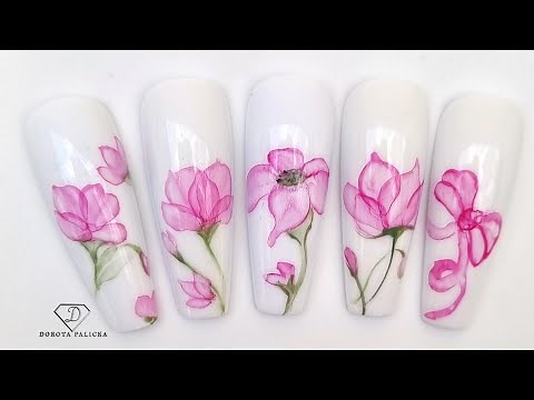 Watercolour nail art. How to do watercolour flowers nail art. Acrylic paints flowers