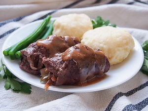 1.8K views · 19 reactions | German beef Rouladen are beef rolls filled with bacon, onion, pickles and mustard. They are braised until tender and topped with the gravy they create. It's a wonderfully comforting and delicious traditional meal. https://www.carolinescooking.com/beef-rouladen/ | Caroline's Cooking | Facebook