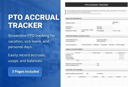 PTO Accrual Tracker Template | Vacation and Sick Leave Log (printable PDF & Word - Etsy Canada
