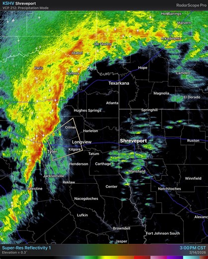 KSHV Radar Update - 3:30 PM. The line of storms moving east along I-20 near Tyler, TX is producing wind gusts of 60 mph. As the environment destabilizes, stronger wind gusts and isolated tornadoes will be possible, along with heavy rain and flash flooding. | US National Weather Service Shreveport Louisiana