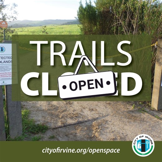 Our Open Space trails have reopened. All bike trail underpasses are also open. For more information on our trails, visit cityofirvine.org/trails. We hope you get to enjoy some time outdoors today! 量 #WeAreIrvine | City of Irvine City Hall | Facebook