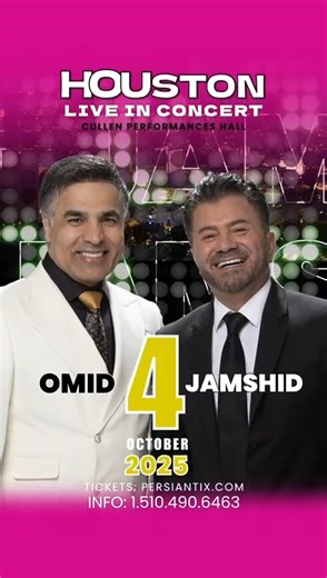 🎤✨ HOUSTON, get ready for a night to remember! ✨🎶 Omid & Jamshid are coming LIVE IN CONCERT at the Cullen Performance Hall on October 4, 2025! 🎉 🔥 Two legendary voices. One unforgettable night. 📍 Houston, TX 🎟️ Tickets: PersianTix.com 📞 Info: 1.510.490.6463 Don’t wait—secure your seats now before they’re gone! 🙌💃🕺 #omid #jamshid #houstontx #houston #concert #houstonconcerts #persian #Iranian | Ahmad Adam
