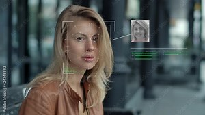 Modern Technology Using Facial Recognition Biometrics Portrait. Person Face Id. Young Beautiful Female Hi-tech 3d Detection Iris. Futuristic Scanned Cyber Security Protection People 4k Close-up Shot Stock Video