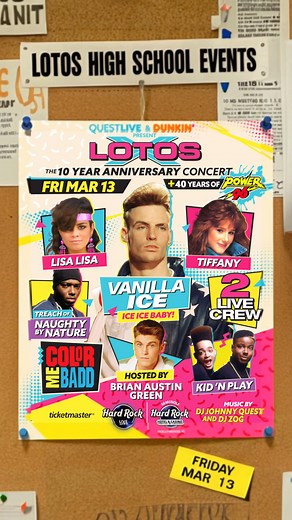 772K views · 9.7K reactions | Grab your tickets now for LOTOS X - The 10 Year Anniversary Concert at Hard Rock Live, Seminole Hard Rock Hotel & Casino - Hollywood, FL on Friday, March 13, 2026! Featuring: Vanilla Ice, Lisa Lisa, Tiffany, Kid ’N Play, Treach of Naughty by Nature, 2 Live Crew, Color Me Badd + DJ Johnny Quest & DJ Zog. Hosted by Brian Austin Green. Tickets: bit.ly/lotosx Presented by: Dunkin' | Quest Live | Facebook