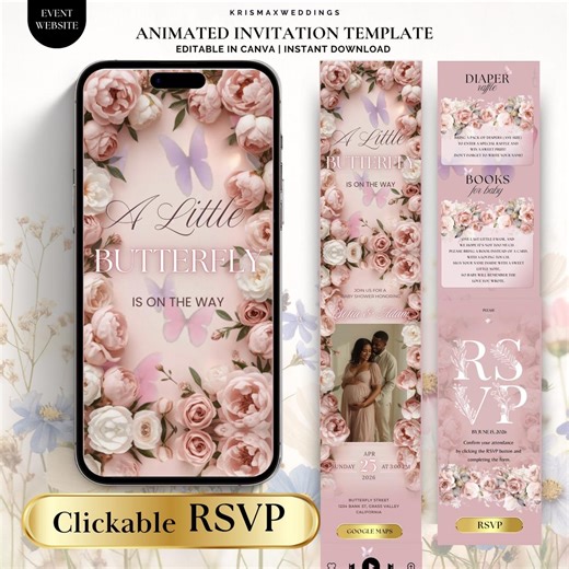 Butterfly Baby Shower Invitation With RSVP, A Little Butterfly is on the Way Invite, Editable Canva Baby Shower Invitation Template - Etsy