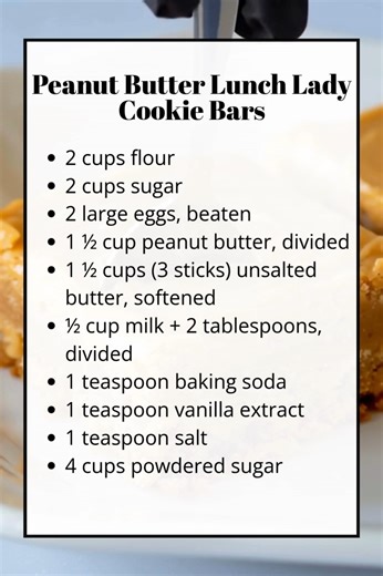 Peanut Butter Lunch Lady Cookie Bars 🍪🥜 Soft and chewy with a rich peanut butter frosting, these nostalgic cookie bars taste just like the classic school cafeteria treat. Sweet, buttery, and completely irresistible. Ingredients: 1 ½ cup peanut butter, divided 1 ½ cups unsalted butter, softened ½ cup milk 2 tablespoons, divided 1 teaspoon vanilla extract Recipe in the Coʍʍеոτ 👇 | Recipes by banana