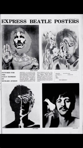 Richard Avendon portraits of The Beatles On Friday August 11, 1967 The Beatles attended a photoshoot at the London penthouse studio of photographer Richard Avendon. Brian Epstein, the Beatles manager, had comissioned Avendon to take portraits of the boys after the Beatles had chance meeting with the photographer at a London nightclub. The polarized images were distorted with day-glo overlays and symbols. The portraits were first published in the January 9, 1968 edition of Look, a US magazine, an