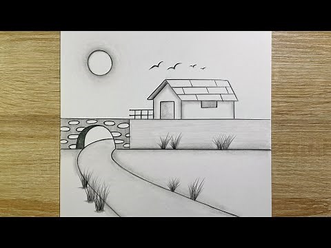 Comment dessiner un paysage facile avec une maison et un pont – Tutoriel de dessin étape par étape