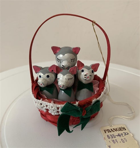 Vintage Wooden Mother Cat Three Kittens in Wicker Basket Christmas Tree Ornament - Etsy