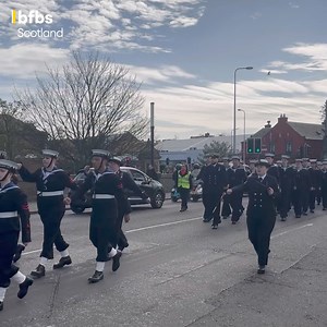The Bands of HM Royal Marines Scotland lead the parade through “The Honest Toun” Musselburgh East Lothian as Musselburgh Sea Cadets & Royal Marines Cadets celebrate 70th anniversary. | BFBS Scotland