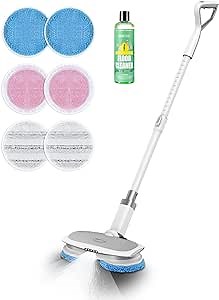 Cordless Electric Mop, LED Headlight and Water Sprayer with 300ml Tank, Up to 60 Mins of Powerful Spin, Polisher for Hardwood, Tile and Laminate Floors, 1 Floor Cleaenr & 6 Mop Pads