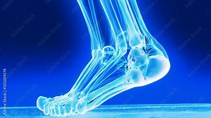 X-ray image of a human foot, highlighting bones and joints for medical analysis.