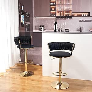 Modern Gold Velvet Bar Stools - Set of 2 Counter Height Woven Barstools with Swivel, Adjustable Height, and Backs. Kitchen Bar Chairs for Home, Bar, Island (Black, Set of 2)