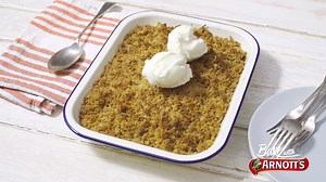 Mmm…can you smell that? It’s the delicious aroma of our Scotch Finger Apple Crumble filling your home! This weekend, bring the family together and whip out the Scotch Finger bikkies to put a spin on this classic dessert. Show us what ingredients you add to make it yours! #BakeTogether See this link for recipe; https://www.arnotts.com/articles/thevault/lets-baketogether-arnotts-scotch-finger-apple-crumble | Arnott's Biscuits
