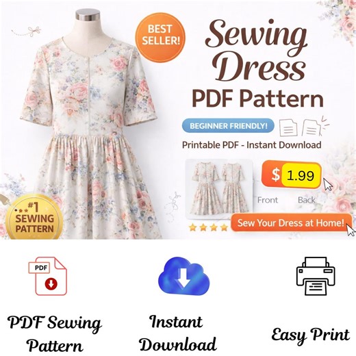Noir Grace Frock - Women's Gathered Dress Sewing Pattern PDF, Beginner Friendly DIY Fashionwomen Summer Dress Sewing Pattern PDF,A4 Us Letr - Etsy