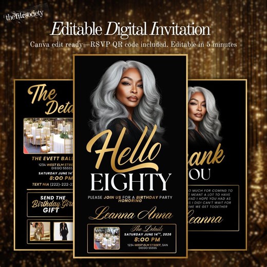 80 Glam Birthday Invitation, Elegant 80th Birthday Dinner Party Invite for Women, Gold Chic Party Evite, Editable Canva Template - Etsy