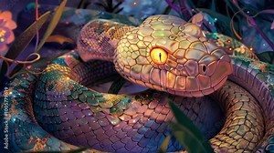 Enchanting serpent in magical forest setting at twilight