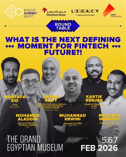 RiseUp on Instagram: "The next defining moment in fintech is closer than you think. At RiseUp Summit 2026, Mustafa Eid, CTO at MoneyHash; Mohamed Aladdin, General Partner at Venture Capital DPI; Basma Rady, Chief Data Scientist at Beltone Holding & Managing Director at Robin; Muhannad Ebwini, Founder & CEO of HyperPay; Kartik Renjen, Head of Startups & VC at AWS; and Mostafa Menessy, Founder & CTO of Paymob, come together for a roundtable on What Is the Next Defining Moment for Fintech’s Future.