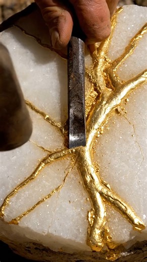 The classic image of thick, buttery gold veins slicing through milky-white quartz perfectly demonstrates how this precious metal, trading consistently above $2,300 USD per ounce, forms in nature across historic mining districts like those in South Dakota. As a rusted chisel fractures the brittle quartz along its natural crystalline seams, it highlights the clear separation between the hard silicate rock and the soft, concentrated metal—a process known as 'breaking the ore.' This high-contrast di