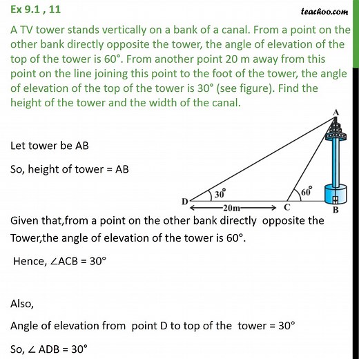 Ex 9.1, 11 - A TV tower stands vertically on a bank of canal