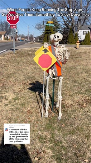 People kept running the stop sign, so I did this. It slowed them down, at least.😆 #spookyseason #Halloween #skeletons #skeletoncrew #skeleton | Skeletons on Kerth Road