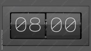 Flip clock quickly flips. Retro flip clock changing from 07:59 to 08:00. Slow motion. Close up.