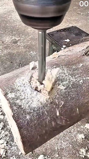 Drill bit bores into thick wood chips scatter across rough surface
