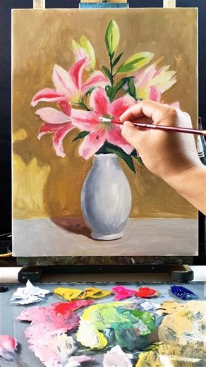 🎨 Painting Pink Lilies in a White Vase #huyhoihoaart #acrylicpainting #art