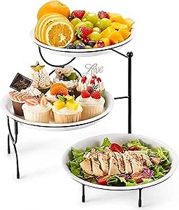Lifewit Plastic 3 Tier Serving Tray for Party, 25 cm/10" White Reusable Round Serving Platters with Gold Collapsible Metal Stand, Decorative Dessert Table Display Set for Veggie, Fruit, Cookies