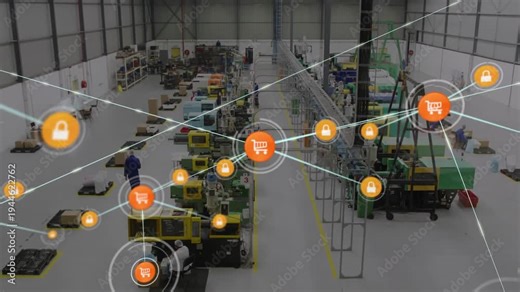 Orange icon appearing sending lines and nodes expanding visualizing stock security across factory