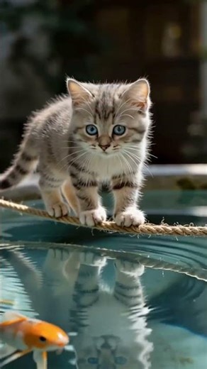 Adorable Kitten Walking on a Rope Above a Fish Pond | Cute & Realistic Moment