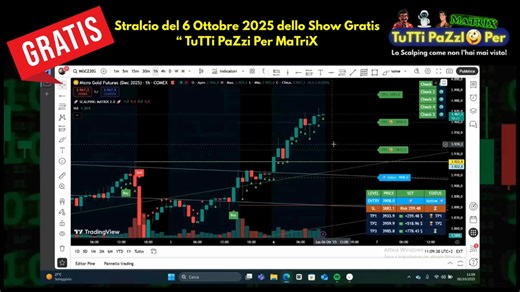 La rivoluzione è Matrix. Abbiamo riscritto 30 anni di trading online in chiave visiva, semplice e… divertente. Ogni giorno, dalle 11 alle 13, in diretta su YouTube, vedi analisi reali, operazioni documentate e strategie applicabili subito. 🎯 Tutto spiegato in tempo reale. 🎭 Con l’aiuto di Matrix X-RAY e il suo Coach AI. ⚠️ La maggior parte dei contenuti là fuori è registrata, dispersiva, o basata su promesse vuote. Qui invece vedi i risultati mentre accadono. In diretta. Davanti ai tuoi occhi.